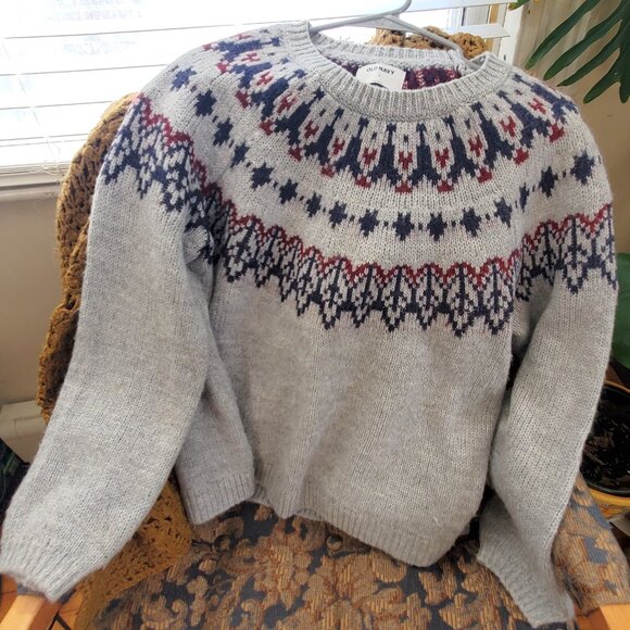 Cozy Fair Isle Blouson-Sleeve Sweater, Old Navy, Women's M, Gray - Picture 6 of 9